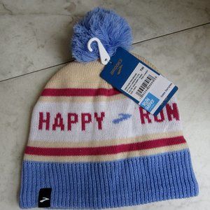 NWT Brooks Run Happy Heritage Pom Pom Logo Blue Sand Beanie One Size Fits All